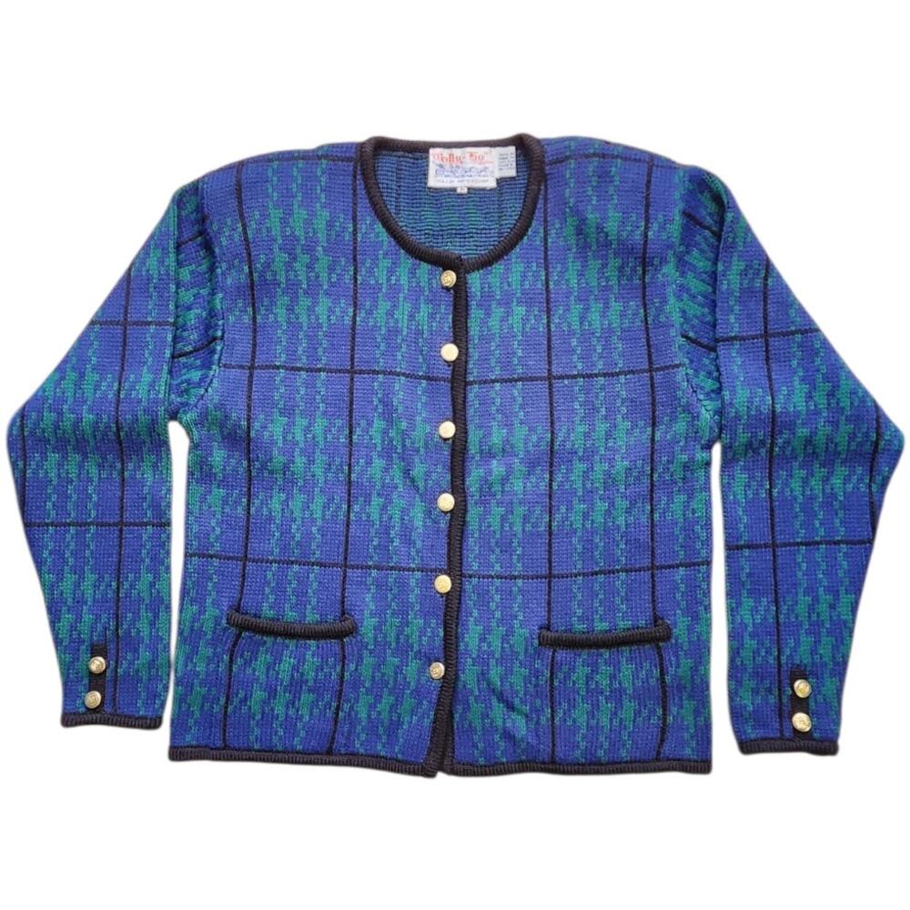 Vintage Tally Ho Blue Green Plaid Cardigan Knit Sweater Women Medium Like NEW
